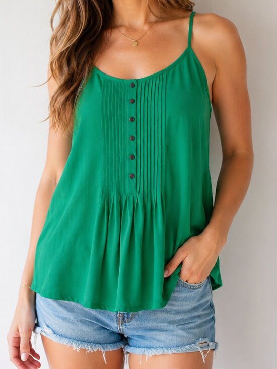 Reitmans Tops - Green Pleated Button Front Cami Tank Top Going Out XL Spaghetti Strap Jewel Tone